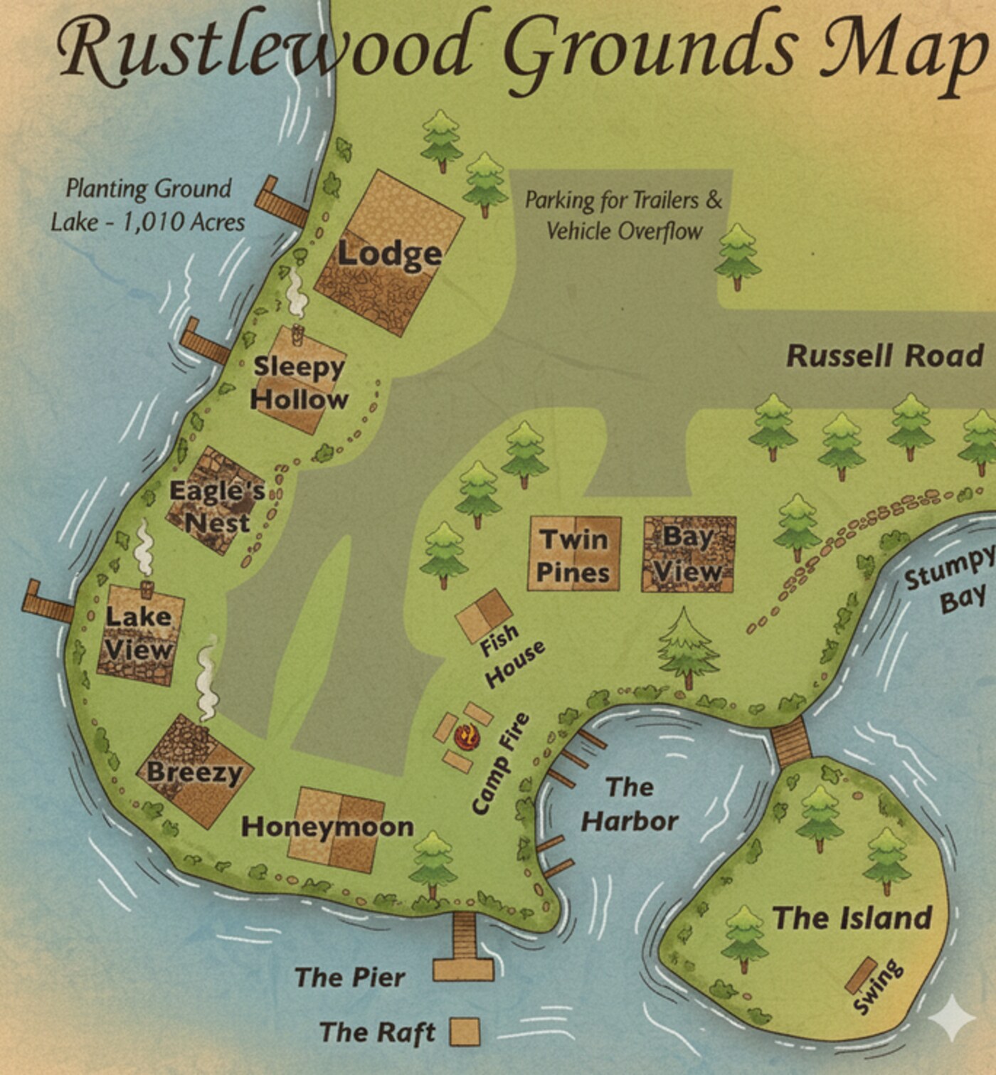 Hand-drawn map of Rustlewood Resort grounds